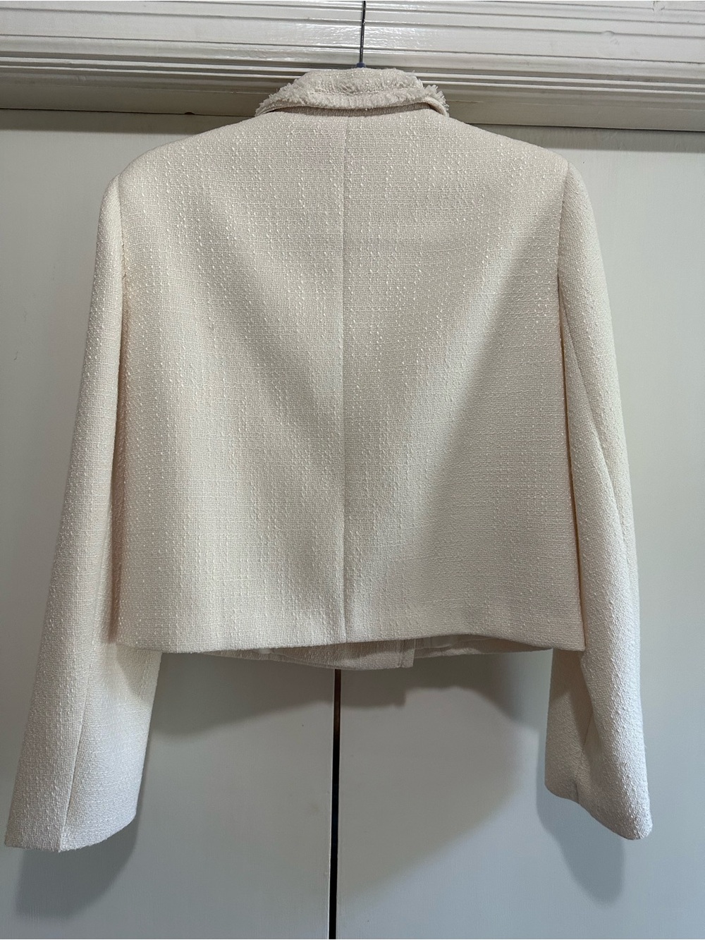 Tweed Ivory Cropped Double-Breasted Blazer with Frayed Trim, silver buttons - Picture 2 of 3